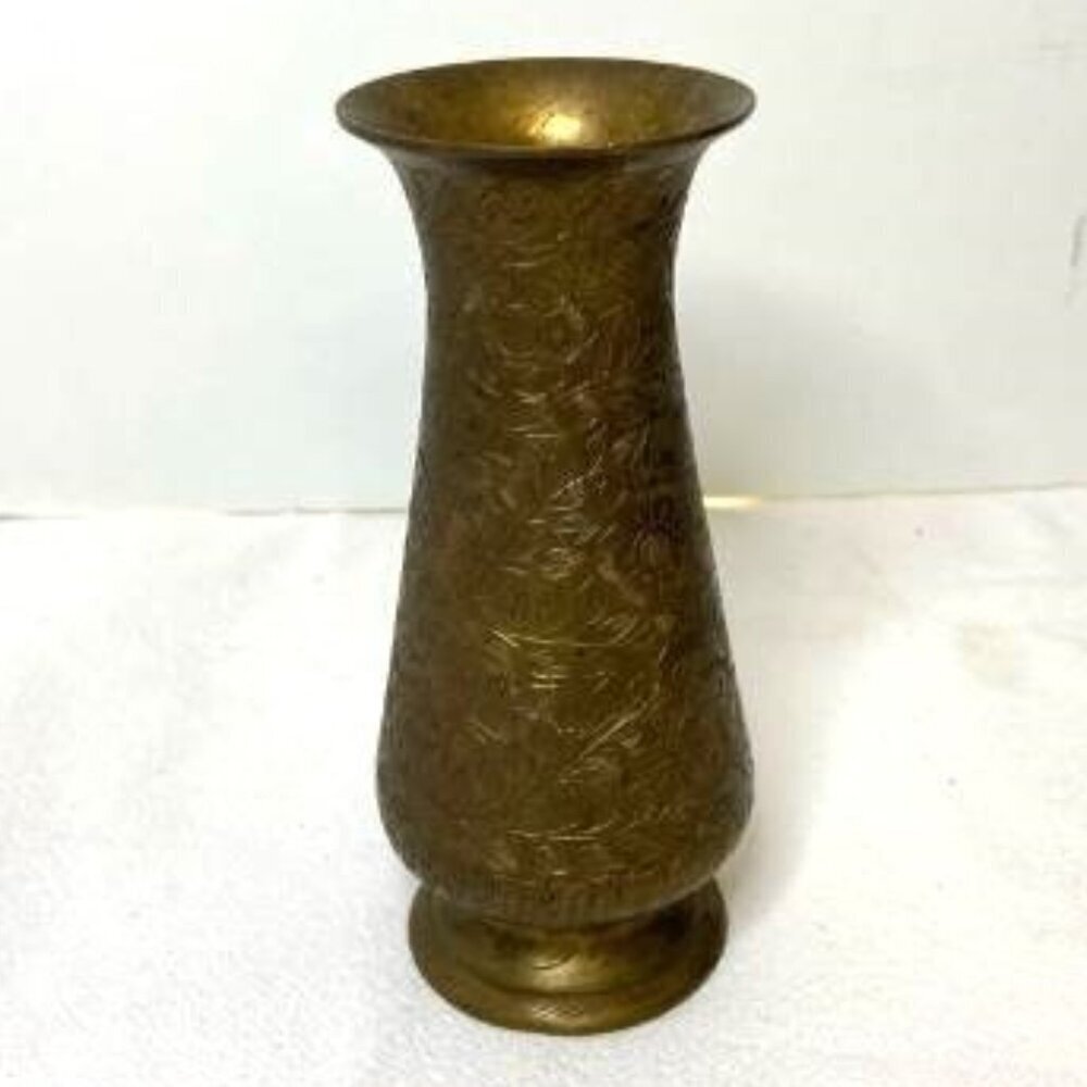 Vtg Etched Brass Bud Vase Floral Motif Metal Made in India Boho Retro 5.75" H